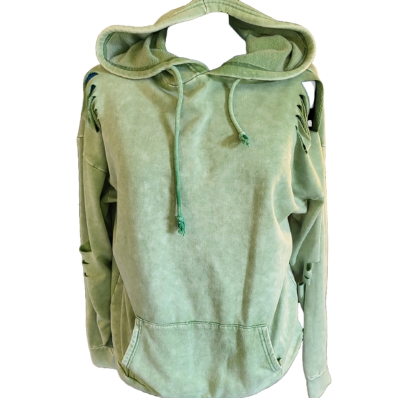Gilded Intent Mineral Wash Green Distressed Cut Lightweight Hoodie in M ~Worn 1x - Picture 2 of 6
